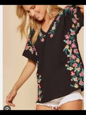 Andree Black Floral Embroidered Flutter Sleeve Top